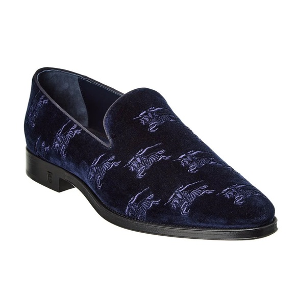 Burberry Wayne Blue Velvet Embroidered Loafers EU 41 US 8 Equestrian Knight New